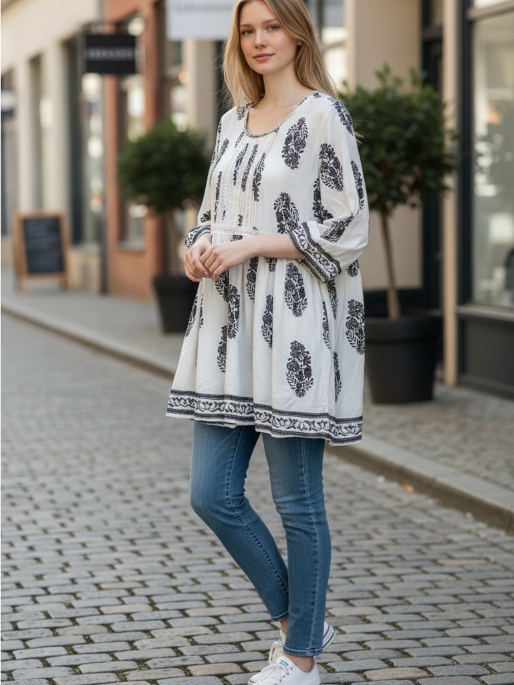 Velzera White Tunic Top with Black Floral Print